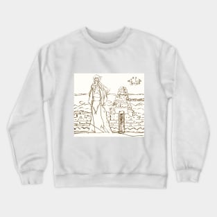 Mysterious Ruins, Airship, and Woman Crewneck Sweatshirt